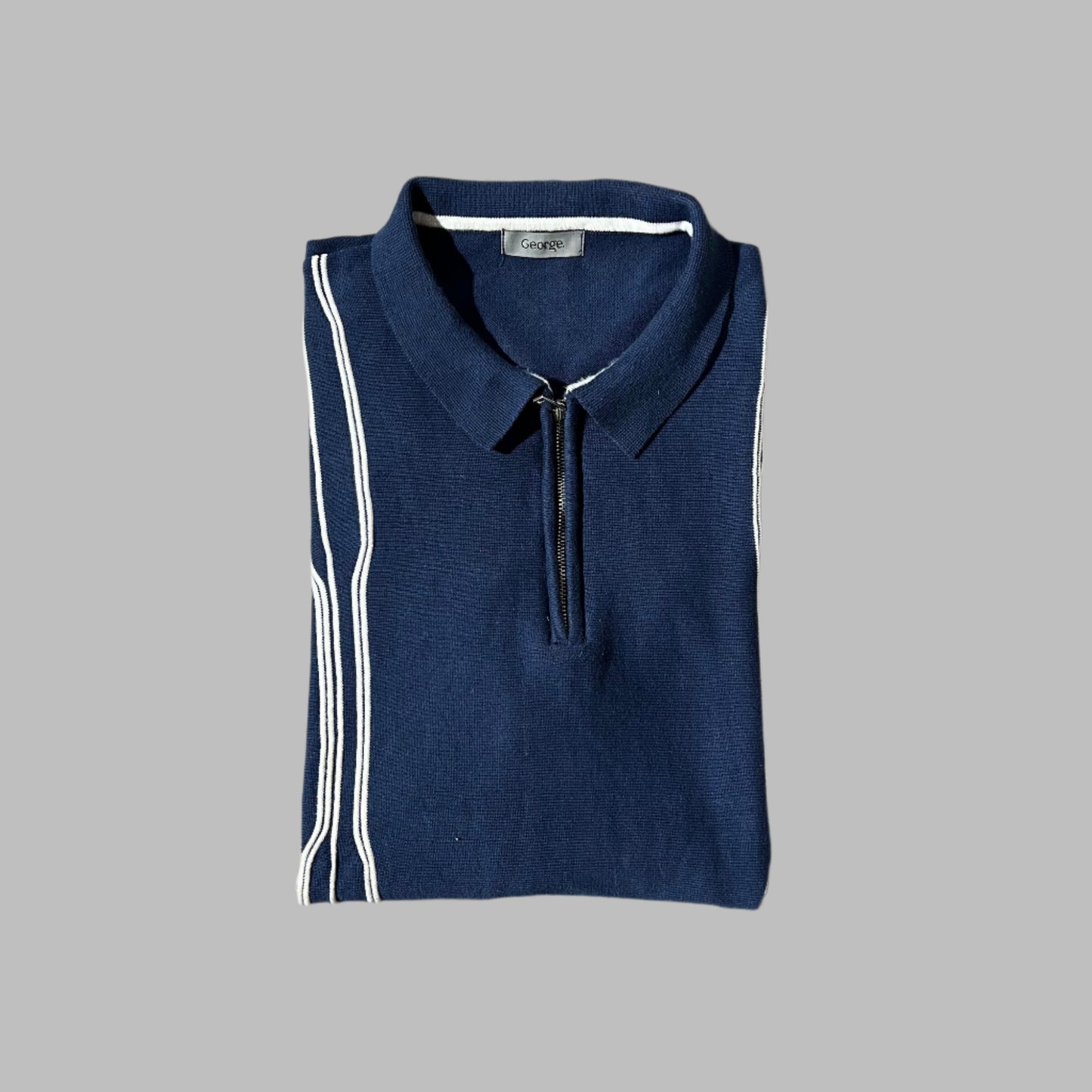 Blue and White Line Half Sleeves Knitted Zipper Polo