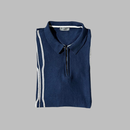 Blue and White Line Half Sleeves Knitted Zipper Polo