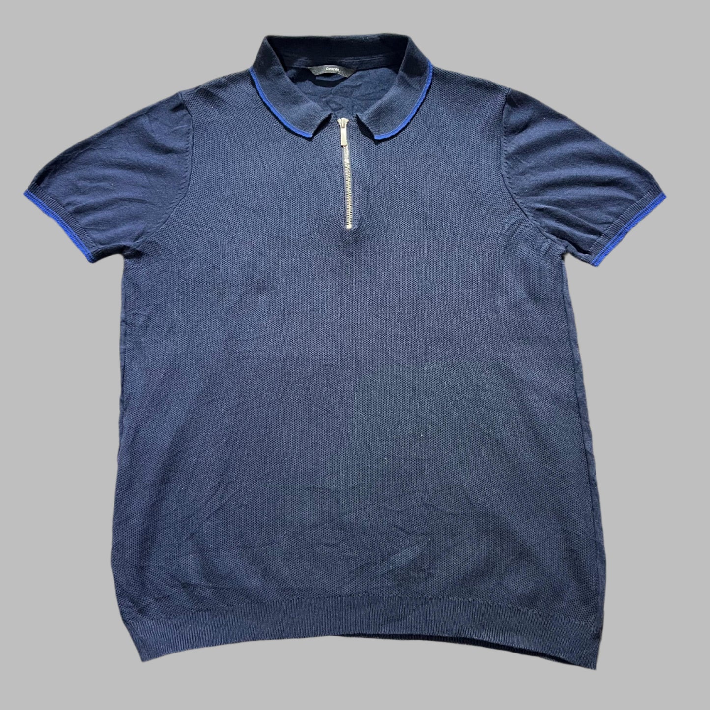 Blue Textured Knitted Zipper Polo