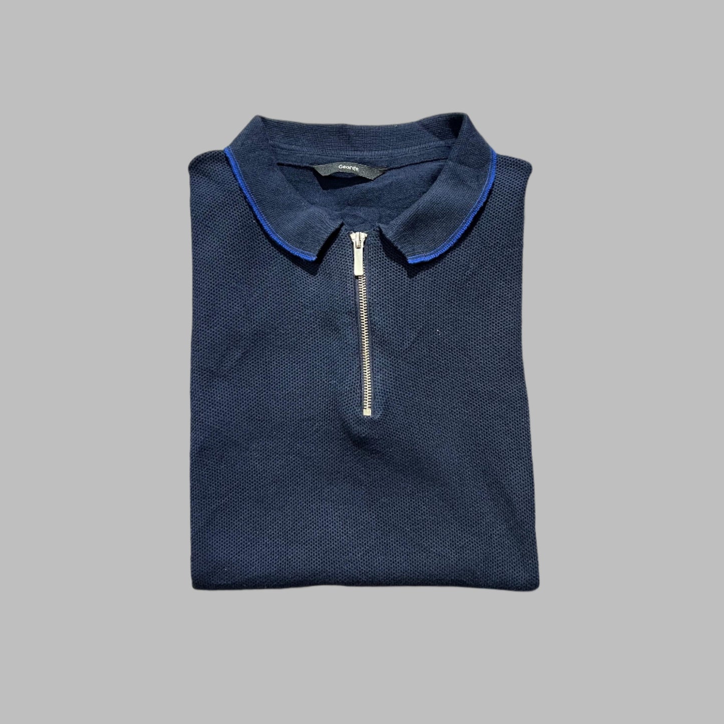 Blue Textured Knitted Zipper Polo
