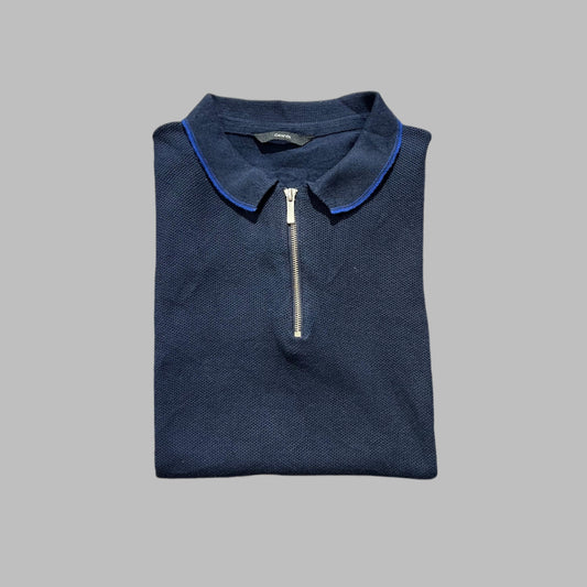 Blue Textured Knitted Zipper Polo