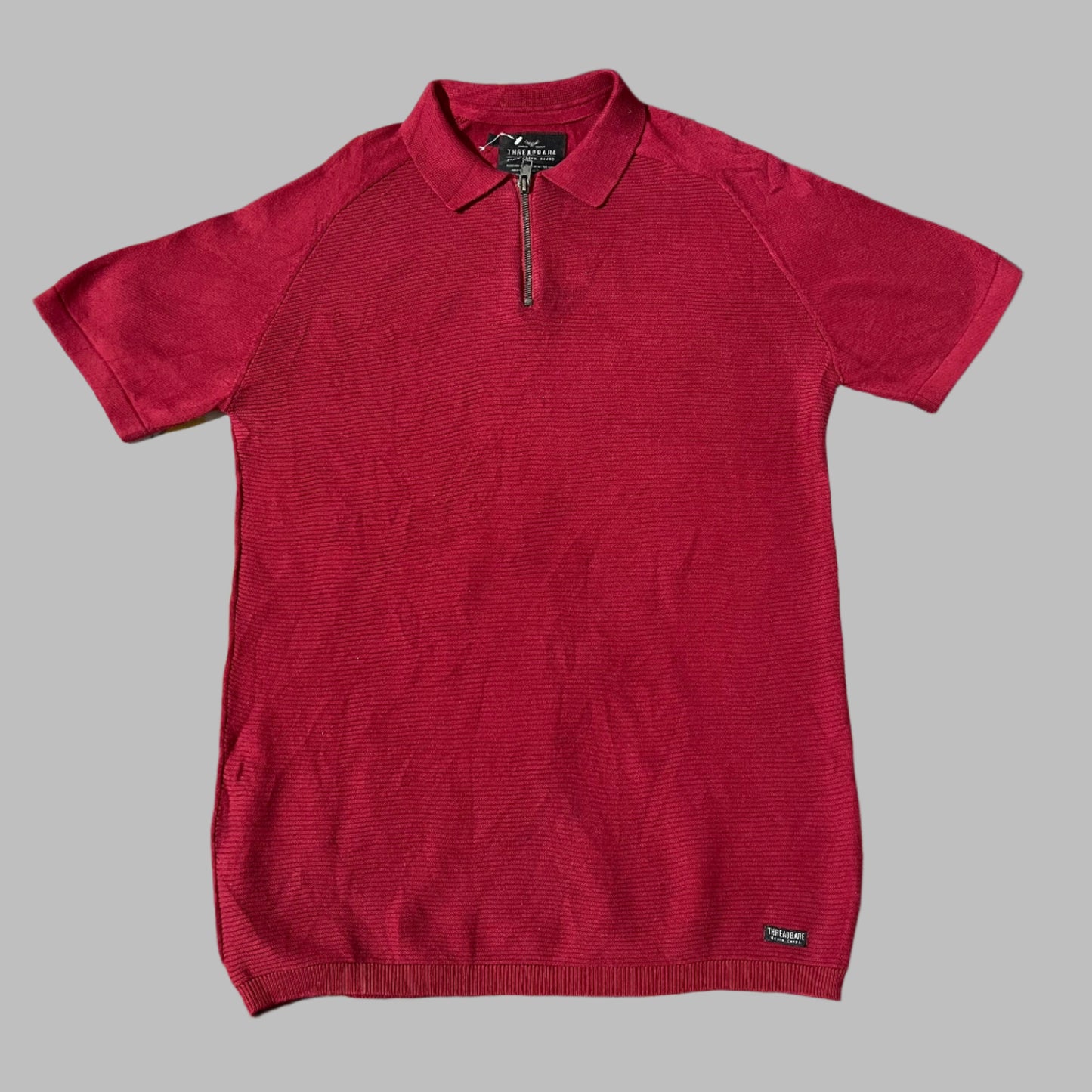 Red Patterned Knit Half Sleeves Zipper Polo
