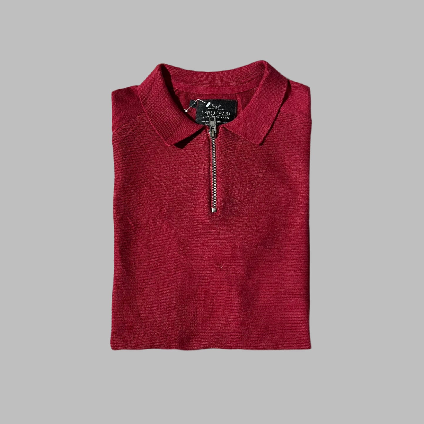 Red Patterned Knit Half Sleeves Zipper Polo