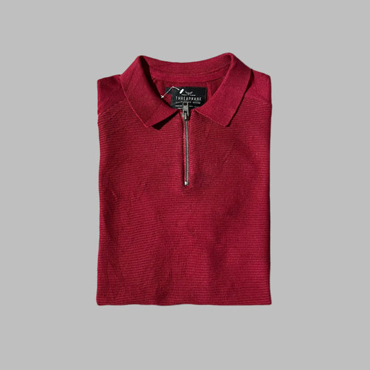 Red Patterned Knit Half Sleeves Zipper Polo