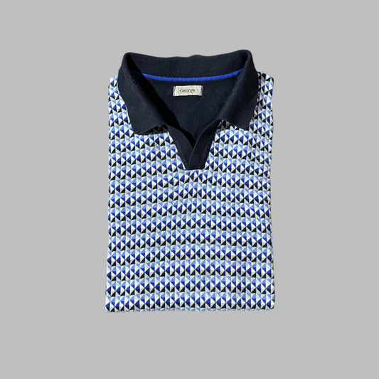 Blue Patterned Knit Half Sleeves Busan Collar Polo