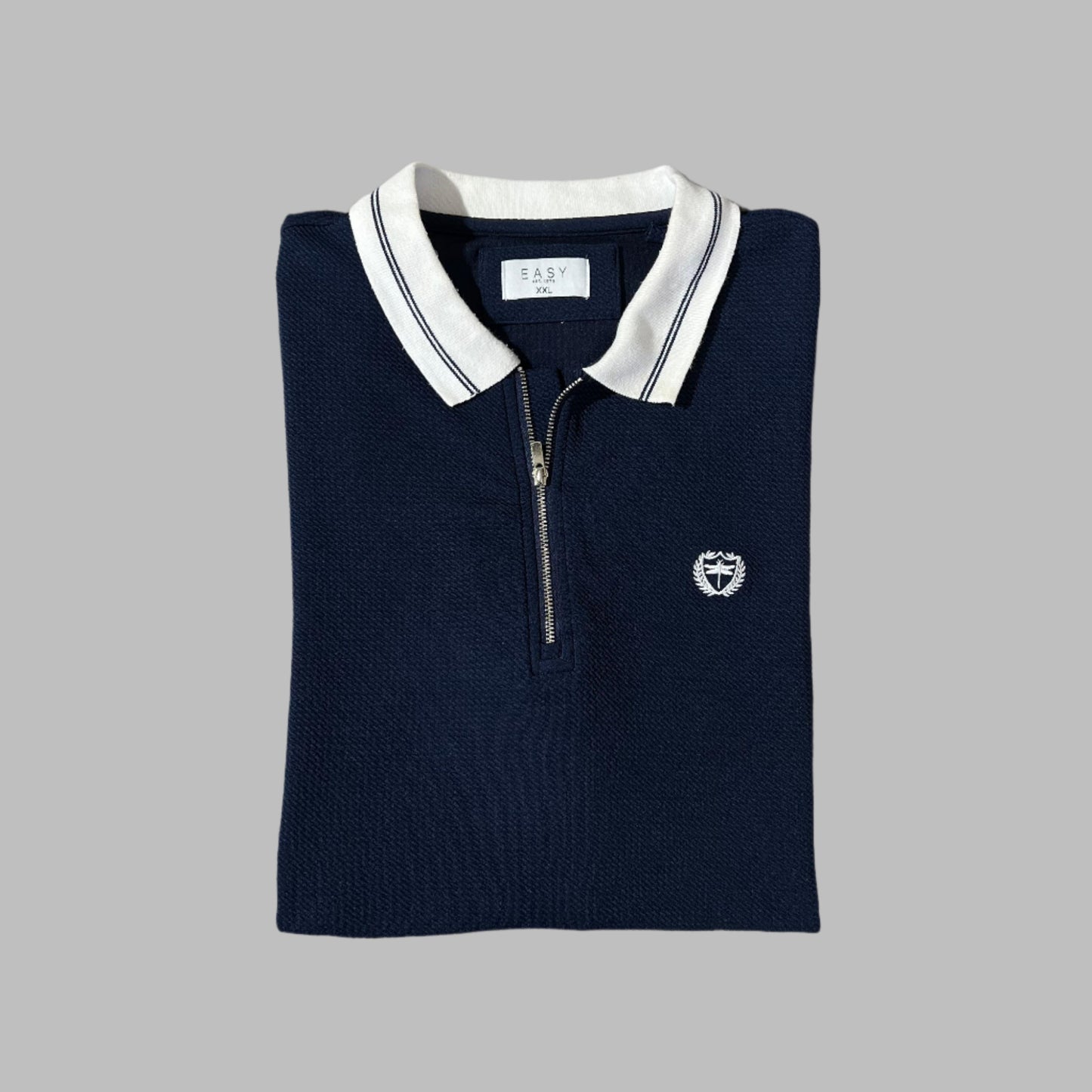 Dark Blue Textured Knit Half Sleeves Zipper Polo