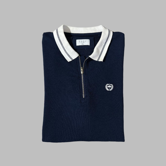 Dark Blue Textured Knit Half Sleeves Zipper Polo
