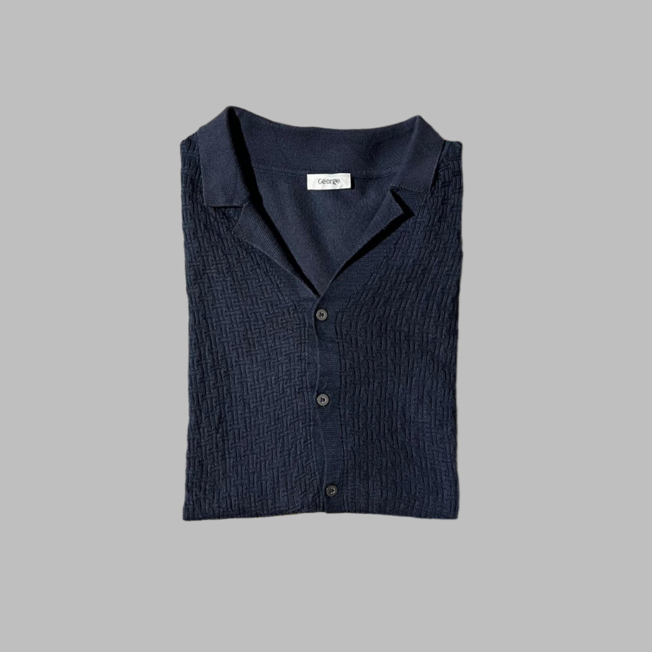 Blue Patterned Knit Half Sleeves Buttoned Down