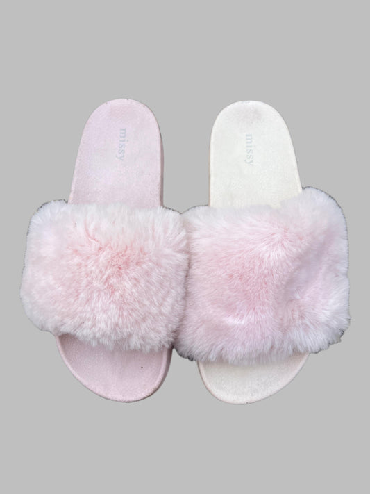 Pink White Fur Slides